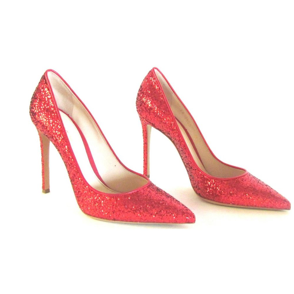 Designer Lerre Tomato Red Glitter Pointed Toe High Heels Pumps Size 9.M